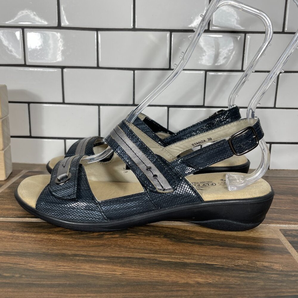 Fly Flot Stanza Womens Size EU 39 Shoes Black Gray Metallic Strappy Sandal